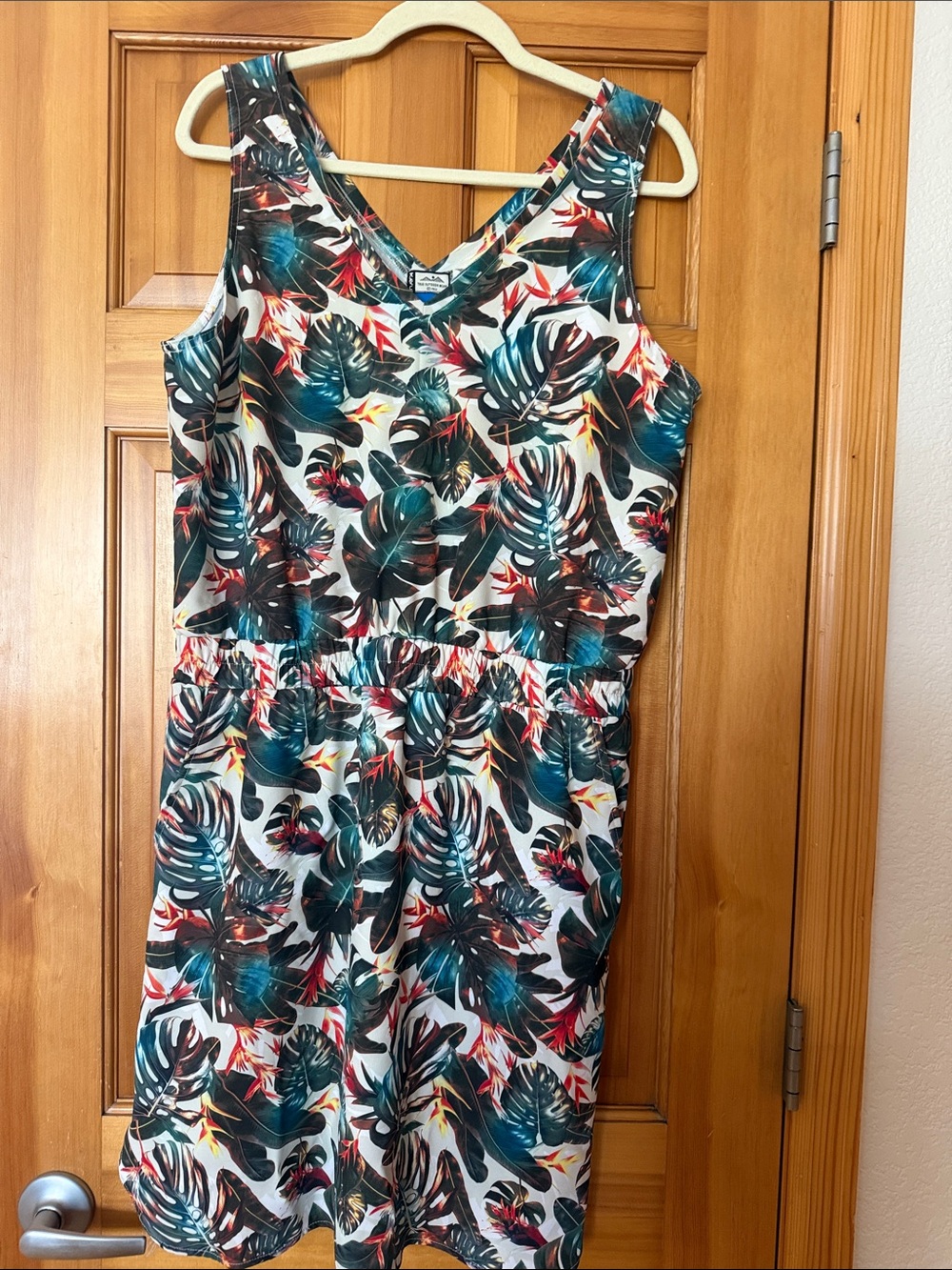 Kavu Tropical Leaf V-Neck Dress in Teal, Green & Rust